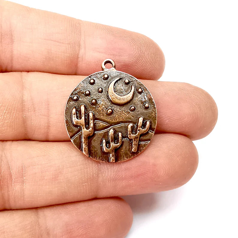 Desert Charms, Cactus Charms, Dune Ethnic Earring Charms, Copper Rustic Pendant, Necklace Parts, Antique Copper Plated 28x25mm G35525