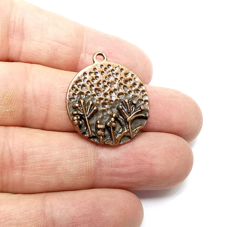 Copper Tree Charms, Round Baroque Charms, Nature Earring Charms, Copper Rustic Pendant, Necklace Parts, Antique Copper Plated 28x25mm G35377