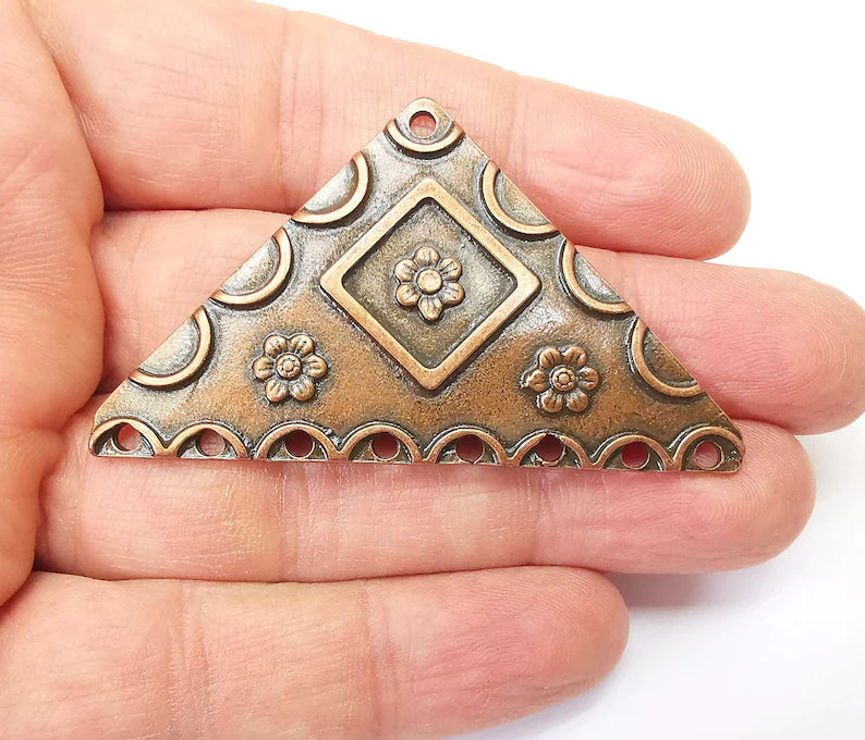 Copper Triangle Pendant, Ethnic Pendant, Rustic Pendant, Bronze Pendant, Necklace Parts, Antique Copper Plated 60x35mm G35385