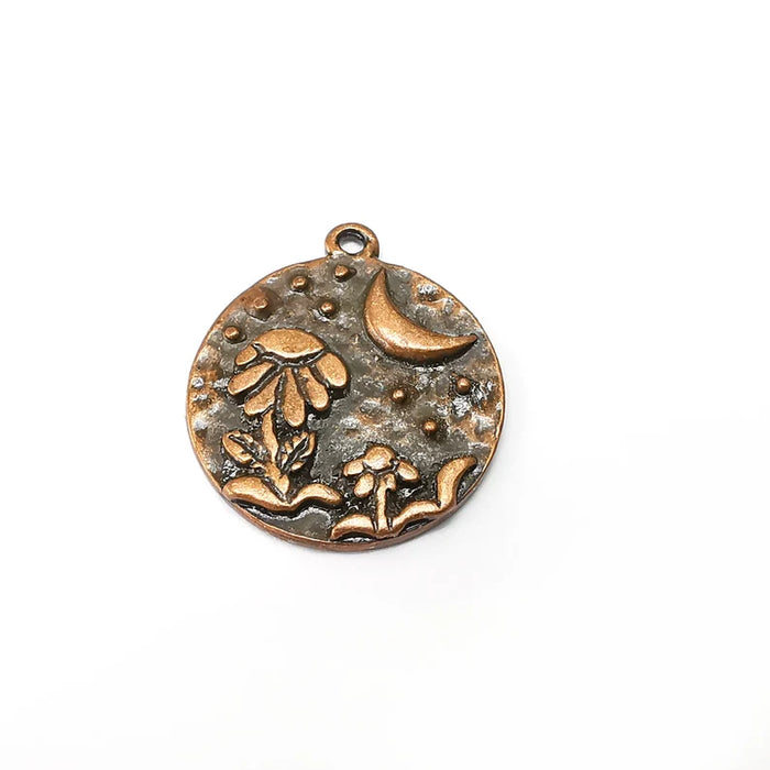 Copper Flowers Charms, Baroque Charms, Crescent Earring Charms, Copper Rustic Pendant, Necklace Parts, Antique Copper Plated 28x24mm G35400
