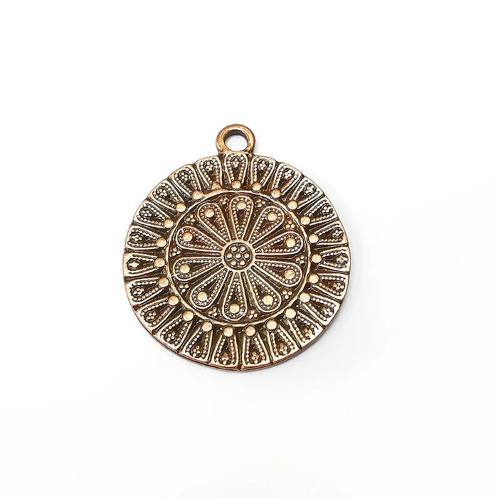 Copper Flower Charms, Medallion Charms, Locket Pendant, Earring Charms, Boho Charms, Round Charms, Antique Copper Plated (38x32mm) G35412