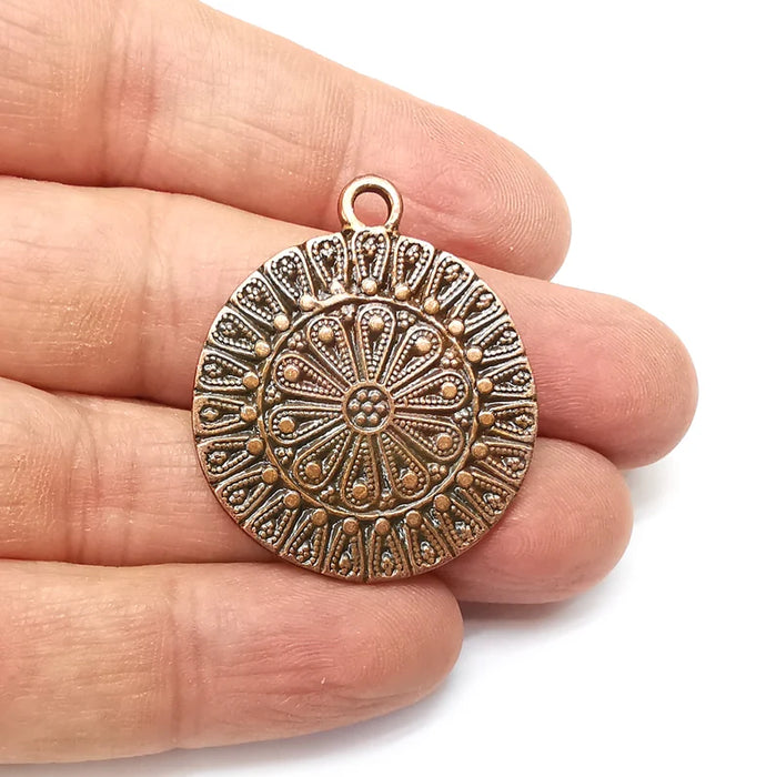 Copper Flower Charms, Medallion Charms, Locket Pendant, Earring Charms, Boho Charms, Round Charms, Antique Copper Plated (38x32mm) G35412