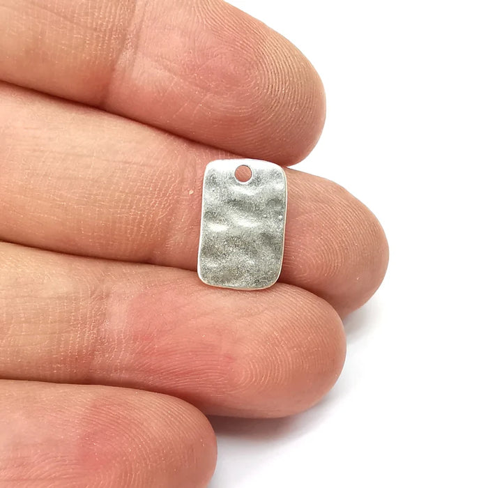 10 Hammered Rectangle Charms , Top Hole Charms, Rectangle Antique Silver Plated Charms (15x10mm) G35528