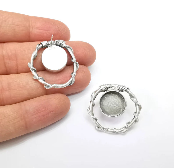 Wire Wrapped Earring Base, Resin Earring Blank, Ear Settings Bezel, Cabochon Mountings, Antique Silver Plated Brass (14mm blanks) G35418