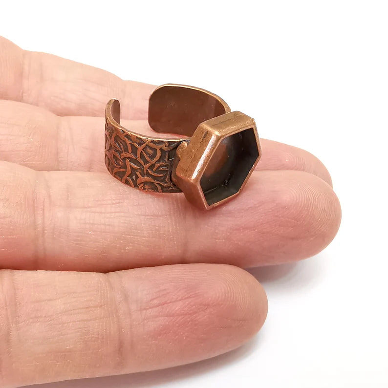 Copper Ring Setting, Cabochon Blank, Resin Bezel, Hexagonal Ring Mounting, Epoxy Frame Base, Adjustable Antique Copper Plated 12mm G35534