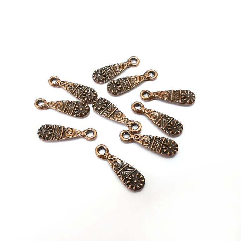 10 Flower Drop Charms, Small Charms, Earring Charms, Copper Pendant, Necklace Pendant, Antique Copper Plated Metal 18x6mm G35536