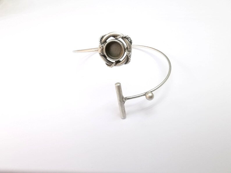 Wire Wrapped Rod Bracelet, Silver Cuff, Bangle Bezel, Resin Blank, Wristband Cabochon Base, Adjustable Antique Silver Brass (8mm) G35433