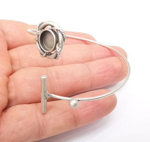 Wire Wrapped Rod Bracelet, Silver Cuff, Bangle Bezel, Resin Blank, Wristband Cabochon Base, Adjustable Antique Silver Brass (8mm) G35433