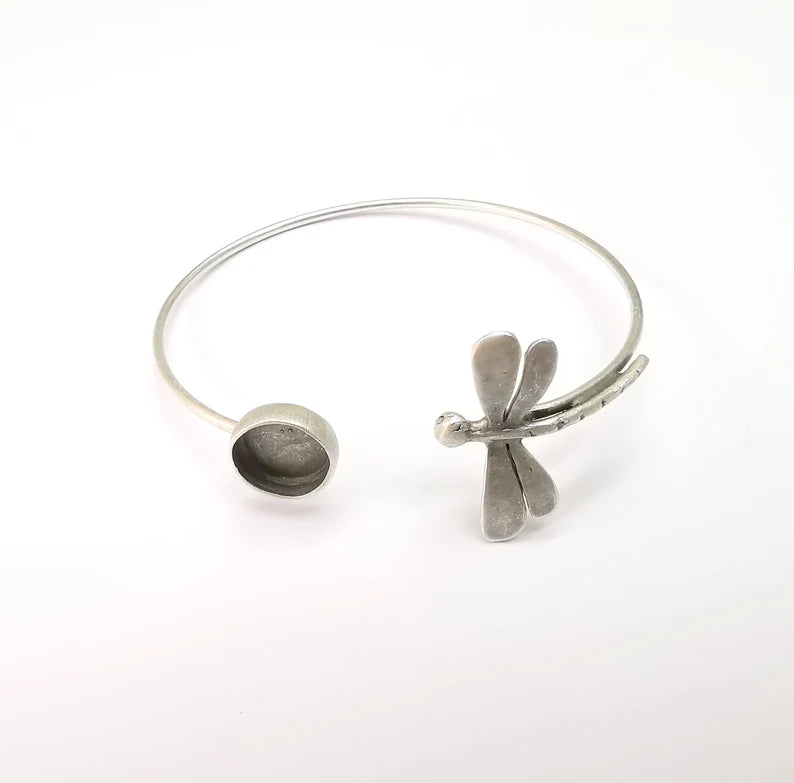 Dragonfly Bracelet Blank, Silver Cuff, Bangle Bezel, Resin Blank, Wristband Cabochon Base, Adjustable Antique Silver Brass (10mm) G35434