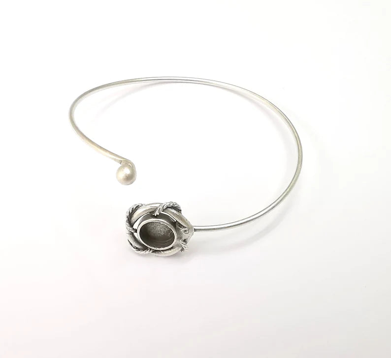 Wire Wrapped Ball Bracelet, Silver Cuff, Bangle Bezel, Resin Blank, Wristband Cabochon Base, Adjustable Antique Silver Brass (8mm) G35438