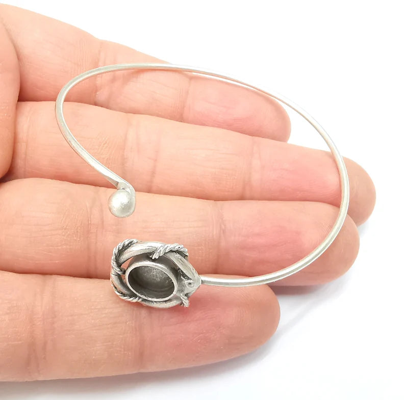 Wire Wrapped Ball Bracelet, Silver Cuff, Bangle Bezel, Resin Blank, Wristband Cabochon Base, Adjustable Antique Silver Brass (8mm) G35438