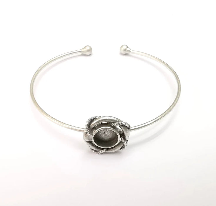 Wire Wrapped Ball Bracelet, Silver Cuff, Bangle Bezel, Resin Blank, Wristband Cabochon Base, Adjustable Antique Silver Brass (8mm) G35442