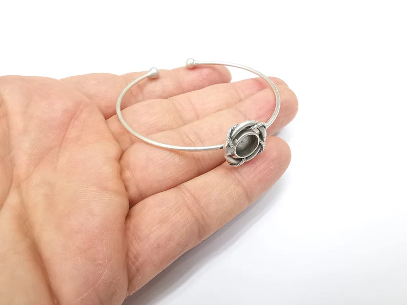 Wire Wrapped Ball Bracelet, Silver Cuff, Bangle Bezel, Resin Blank, Wristband Cabochon Base, Adjustable Antique Silver Brass (8mm) G35442