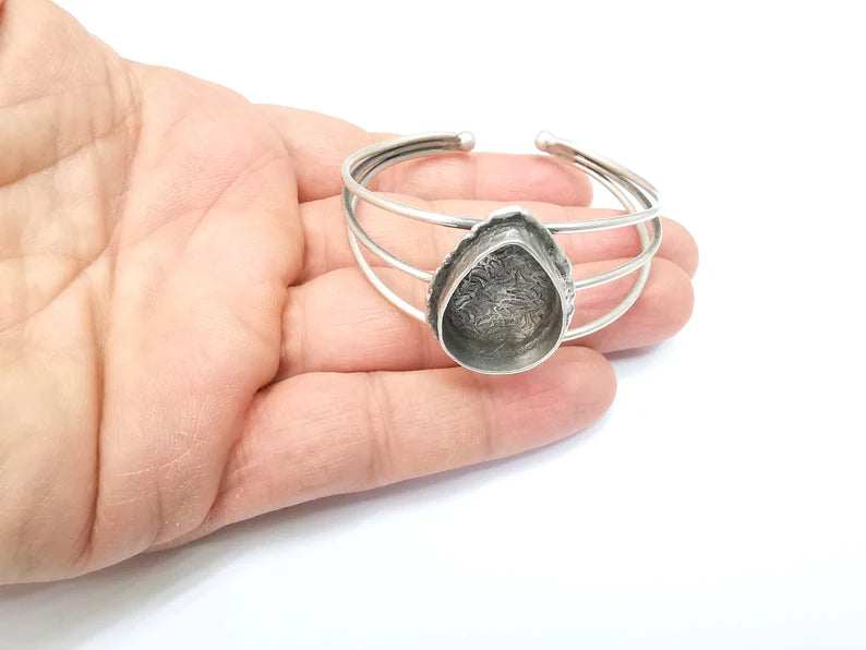 Silver Bracelet Blank, Silver Cuff, Bangle Bezel, Resin Base, Wristband Cabochon Base, Adjustable Antique Silver Brass 25x18mm G35443
