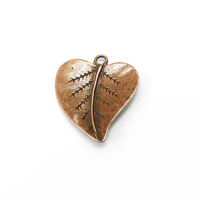 Heart Charms, Veined Leaf Charms, Rustic Charms, Earring Charms, Copper Pendant, Necklace Parts, Antique Copper Plated 37x32mm G35270