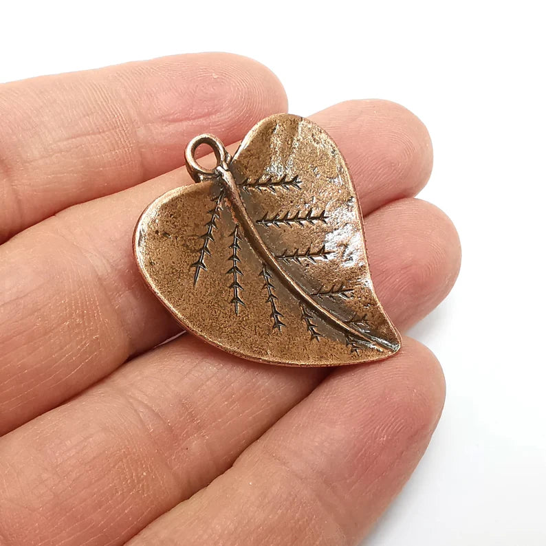 Heart Charms, Veined Leaf Charms, Rustic Charms, Earring Charms, Copper Pendant, Necklace Parts, Antique Copper Plated 37x32mm G35270