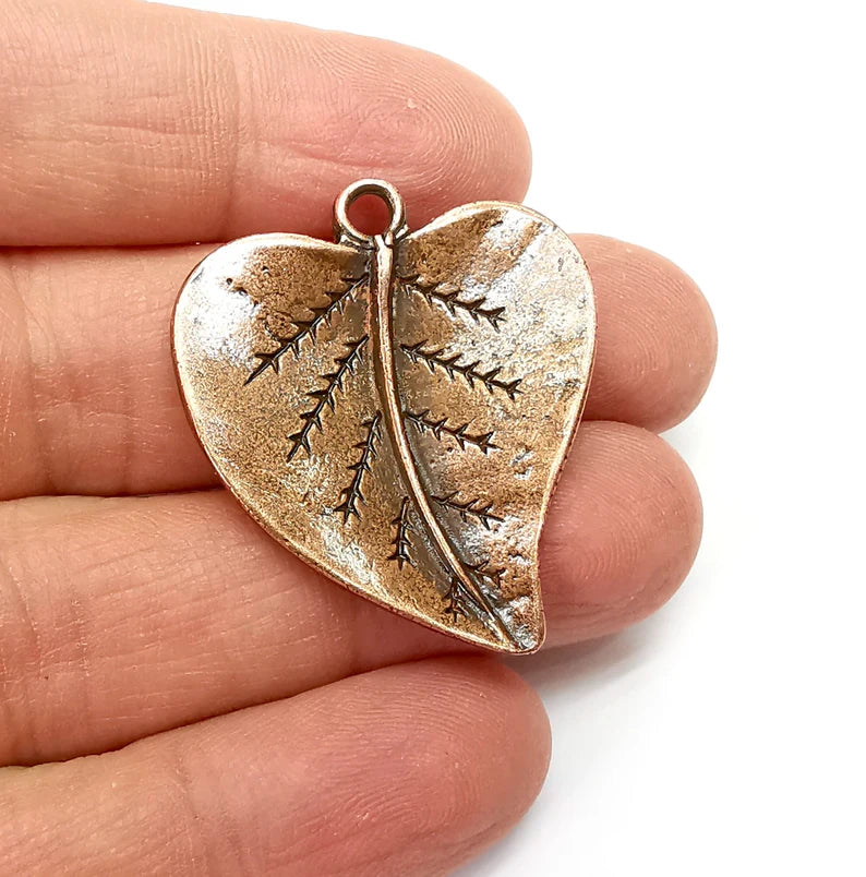 Heart Charms, Veined Leaf Charms, Rustic Charms, Earring Charms, Copper Pendant, Necklace Parts, Antique Copper Plated 37x32mm G35270