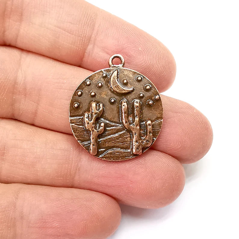 Desert Charms, Cactus Charm, Dune Charm, Desert Night Charms, Crescent Star Charms, Earring Parts, Antique Copper Plated 28x25mm G35451
