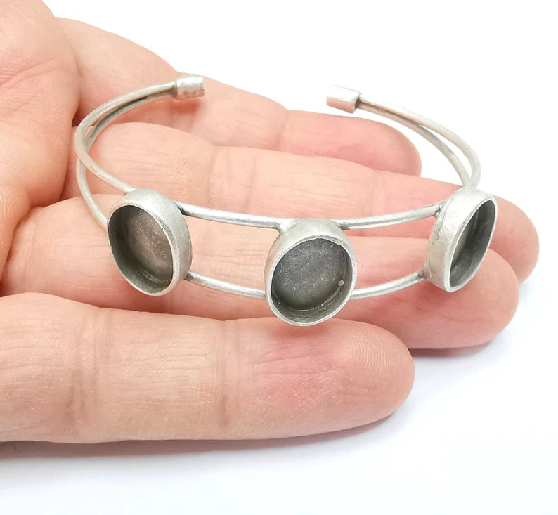 Silver Bracelet Blank, Silver Cuff, Bangle Bezel, Resin Base, Wristband Cabochon Base, Adjustable Antique Silver Brass 25x18mm G35443