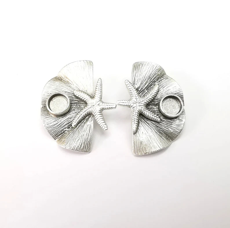 Starfish Earring Base, Earring Blank, Ear Settings Bezel, Resin Blank, Cabochon Mountings, Antique Silver Plated Brass (8mm blanks) G35446
