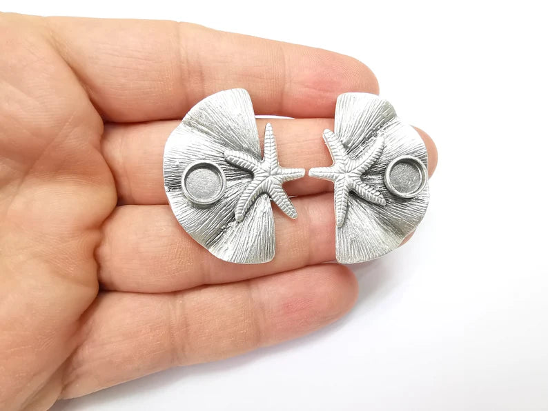 Starfish Earring Base, Earring Blank, Ear Settings Bezel, Resin Blank, Cabochon Mountings, Antique Silver Plated Brass (8mm blanks) G35446