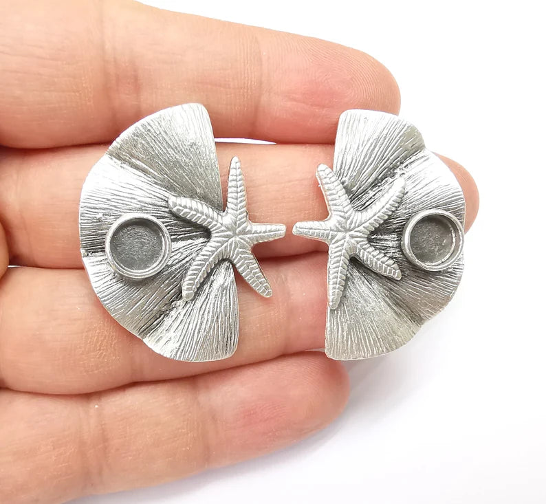 Starfish Earring Base, Earring Blank, Ear Settings Bezel, Resin Blank, Cabochon Mountings, Antique Silver Plated Brass (8mm blanks) G35446