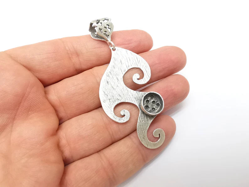 Wave Pendant Blank, Cabochon Bezel, Locket Pendant Base, inlay Mountings, Resin Necklace, Antique Silver Plated Brass (10mm blank) G35546