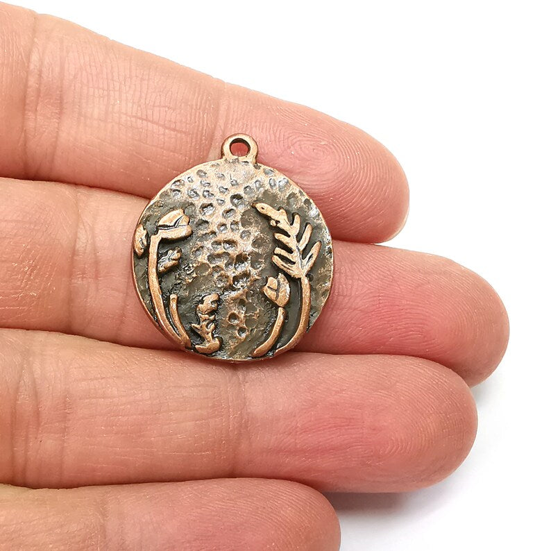 Flower Charms, Plant Charm, Garden Charm, Spring Charms, Round Disc Charms, Earring Parts, Antique Copper Plated 28x25mm  G21851