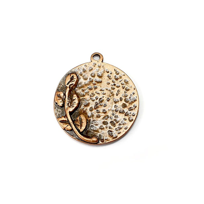 Flower Charms, Plant Charm, Leaves Charm, Spring Charms, Round Disc Charms, Earring Parts, Antique Copper Plated 30x26mm G35456