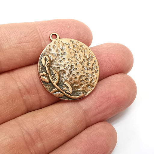 Flower Charms, Plant Charm, Leaves Charm, Spring Charms, Round Disc Charms, Earring Parts, Antique Copper Plated 30x26mm G35456
