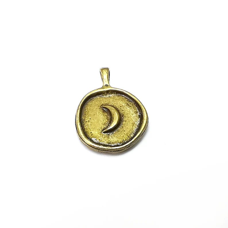 Bronze Crescent Charms, Disc Boho Charm, Rustic Charm, Earring Charm, Bronze Pendant, Necklace Parts, Antique Bronze Plated 24x17mm G35555