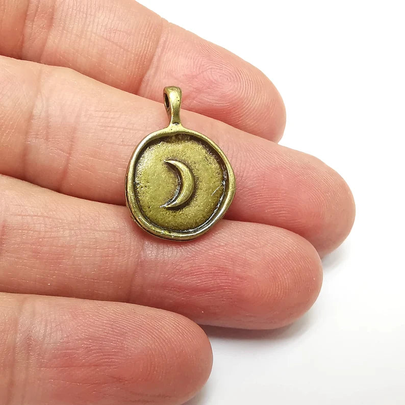 Bronze Crescent Charms, Disc Boho Charm, Rustic Charm, Earring Charm, Bronze Pendant, Necklace Parts, Antique Bronze Plated 24x17mm G35555