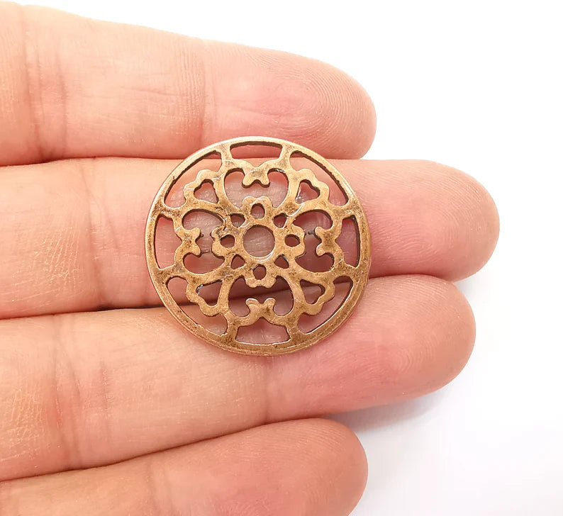 2 Circle Connector, Filigree Disc, Perforated Connector, Round Jewelry Parts, Bracelet Component, Antique Copper Plated Metal 29mm G35465