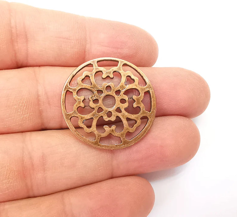 2 Circle Connector, Filigree Disc, Perforated Connector, Round Jewelry Parts, Bracelet Component, Antique Copper Plated Metal 29mm G35465