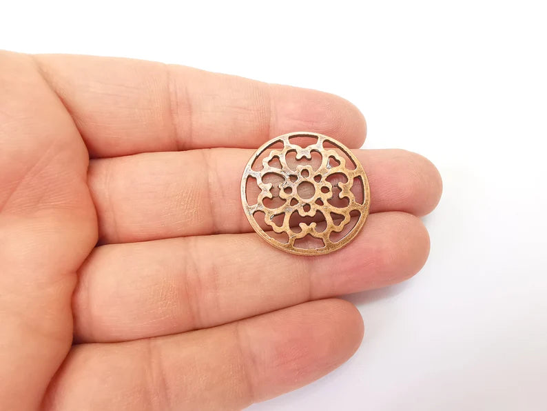 2 Circle Connector, Filigree Disc, Perforated Connector, Round Jewelry Parts, Bracelet Component, Antique Copper Plated Metal 29mm G35465