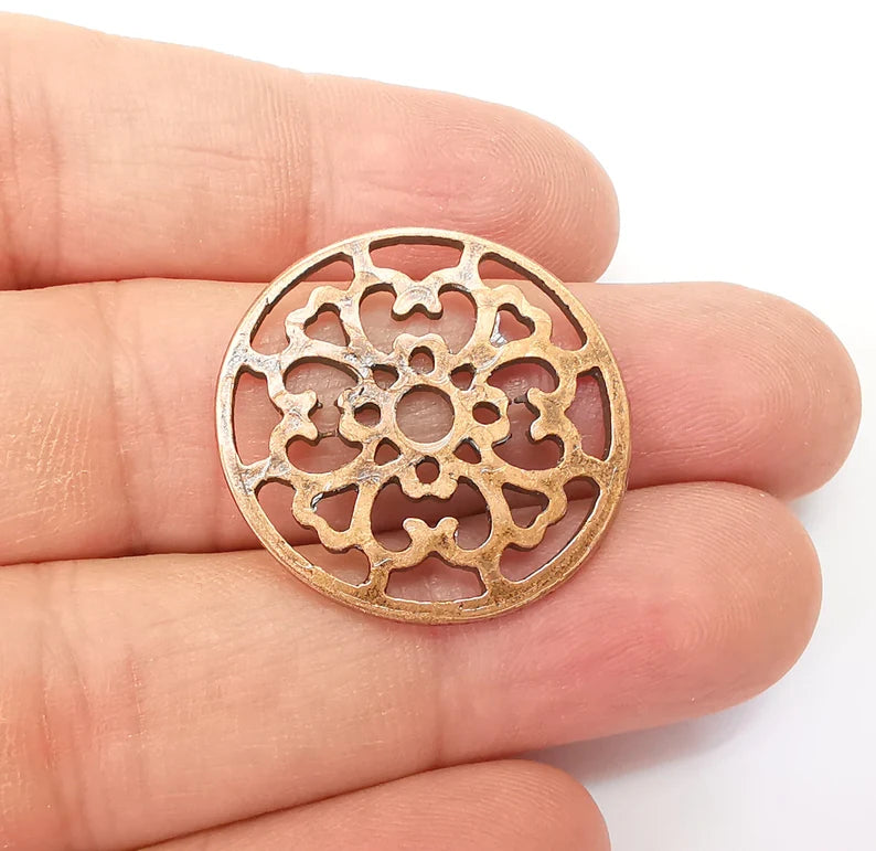 2 Circle Connector, Filigree Disc, Perforated Connector, Round Jewelry Parts, Bracelet Component, Antique Copper Plated Metal 29mm G35465