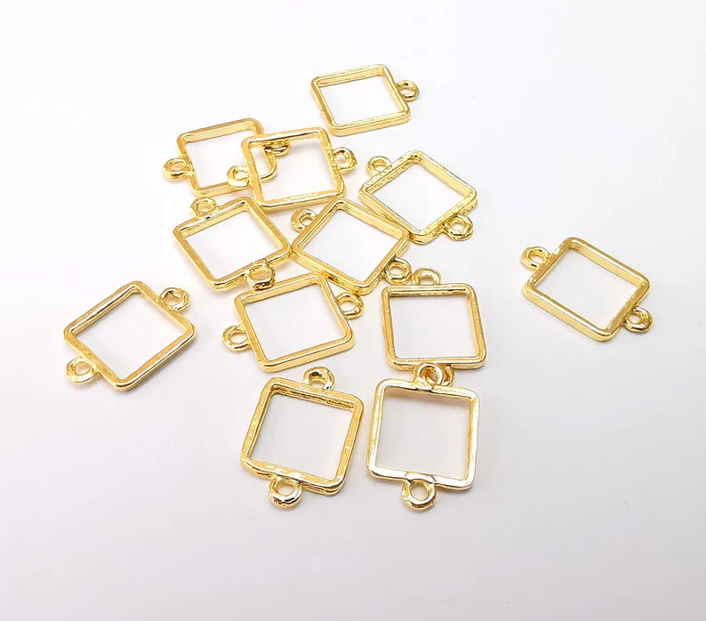 10 Square Connector, Shiny Gold Plated Charms, Jewelry Parts, Bracelet Component, Shiny Gold Plated Findings (16x10mm) G35466