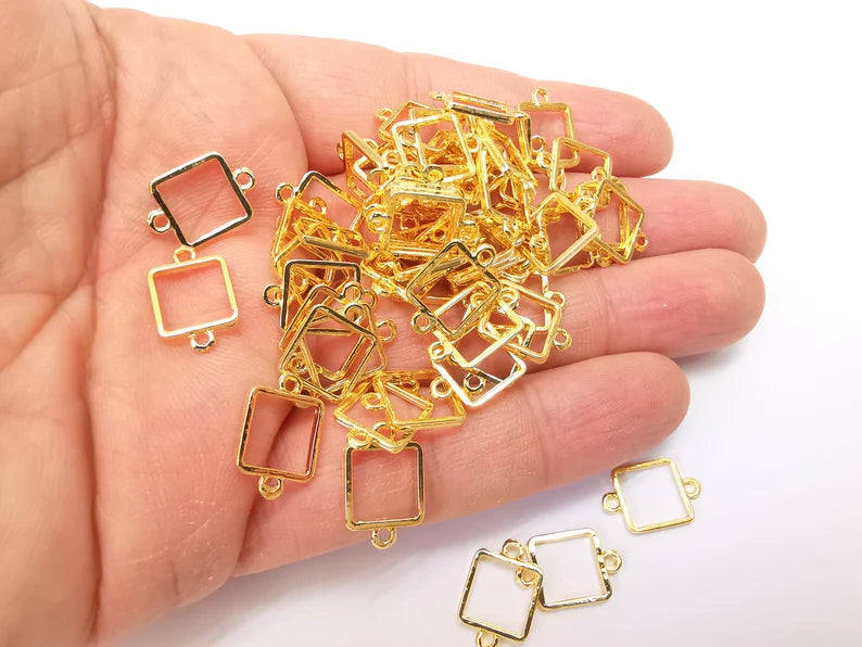 10 Square Connector, Shiny Gold Plated Charms, Jewelry Parts, Bracelet Component, Shiny Gold Plated Findings (16x10mm) G35466