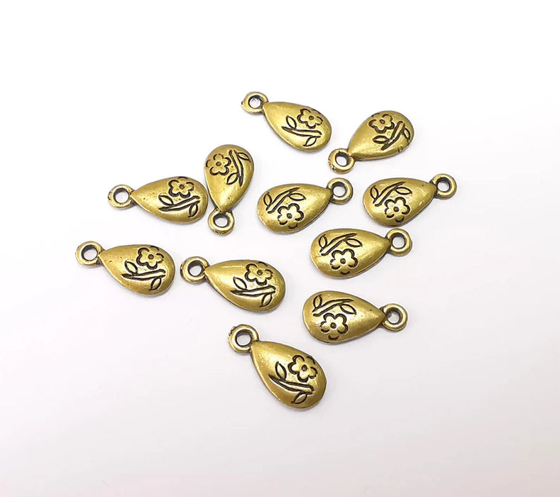 10 Flower Drop Charms, Leaf Flower Charms, Dangle Charm, Bracelet Component, Earring Charm, Necklace Parts, Antique Bronze Plated 14x7mm G35470