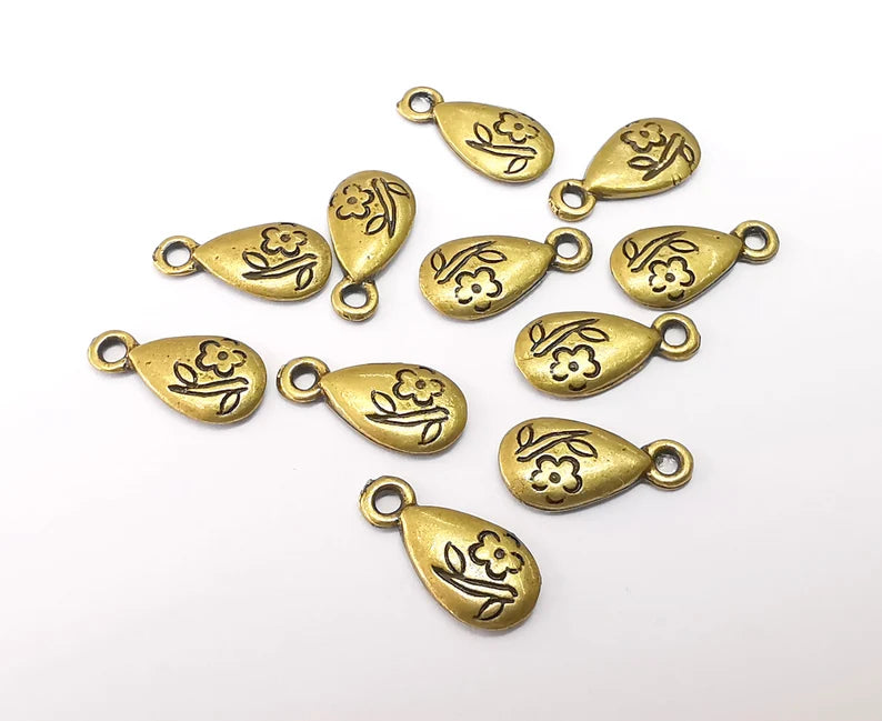 10 Flower Drop Charms, Leaf Flower Charms, Dangle Charm, Bracelet Component, Earring Charm, Necklace Parts, Antique Bronze Plated 14x7mm G35470