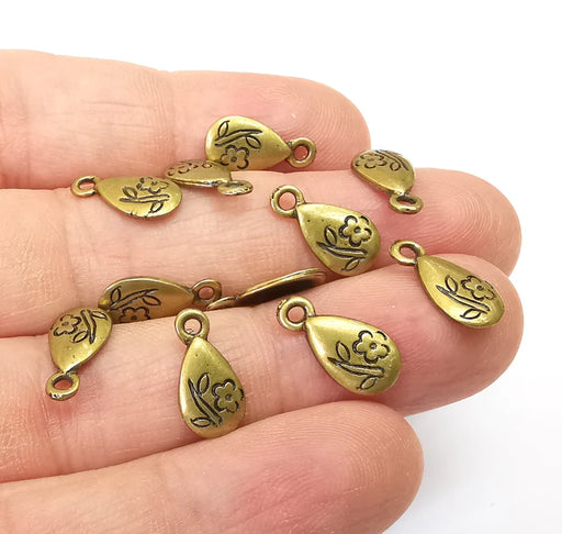 10 Flower Drop Charms, Leaf Flower Charms, Dangle Charm, Bracelet Component, Earring Charm, Necklace Parts, Antique Bronze Plated 14x7mm G35470