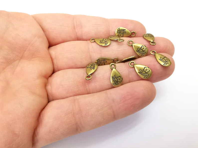 10 Flower Drop Charms, Leaf Flower Charms, Dangle Charm, Bracelet Component, Earring Charm, Necklace Parts, Antique Bronze Plated 14x7mm G35470