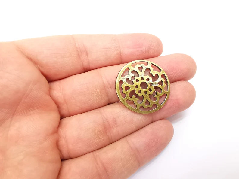 2 Circle Connector, Filigree Disc, Perforated Connector, Round Jewelry Parts, Bracelet Component, Antique Bronze Plated Metal 29mm G35471