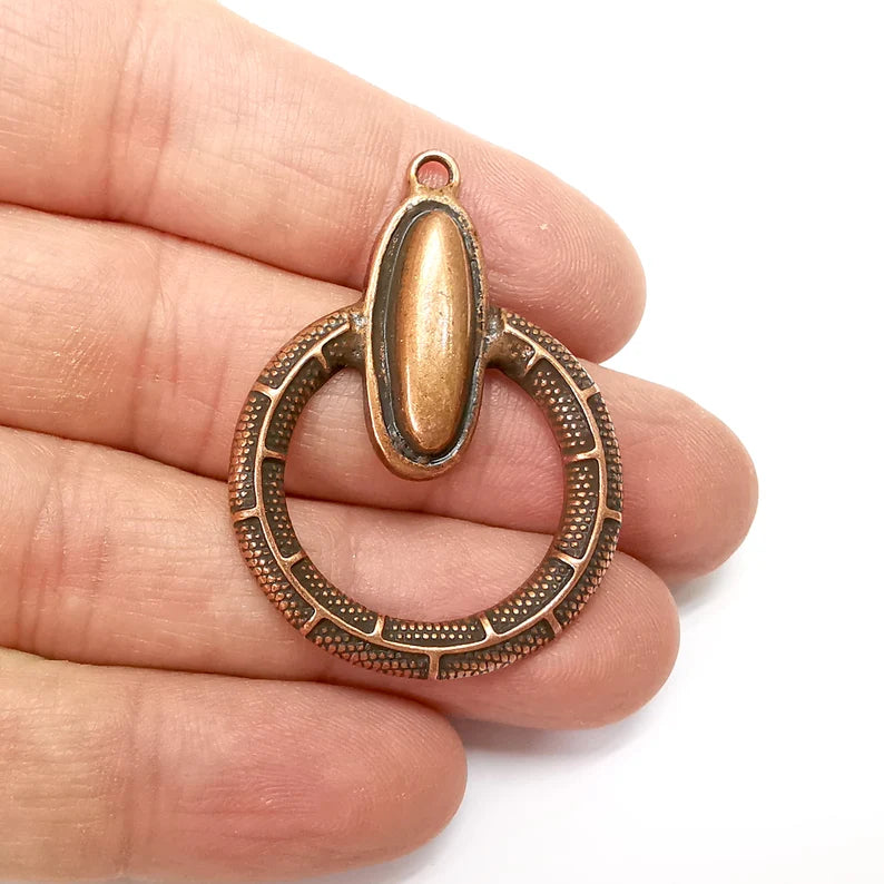 Copper Unique Charms, Circle Charms, Locket Pendant, Earring Charms, Boho Charms, Round Charms, Antique Copper Plated (44x32mm) G35479