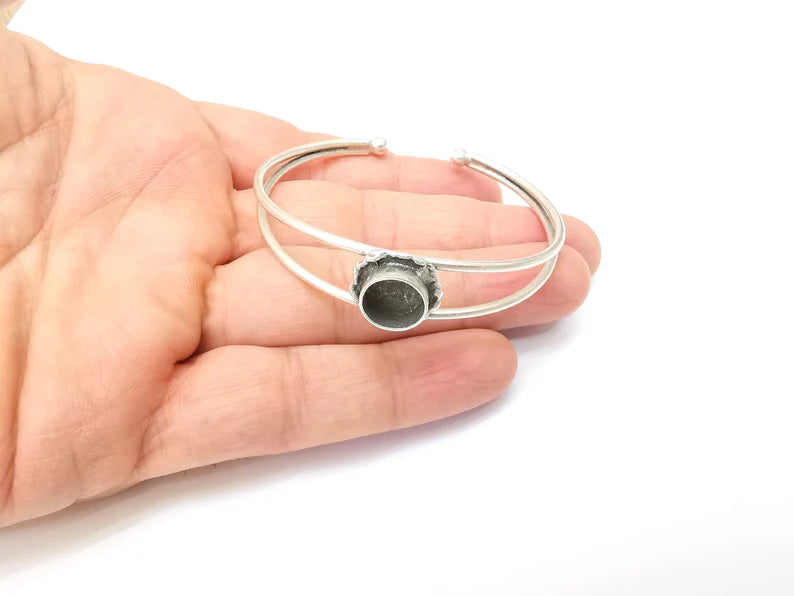 Wire Wrapped Ball Bracelet, Silver Cuff, Bangle Bezel, Resin Blank, Wristband Cabochon Base, Adjustable Antique Silver Brass (10mm) G35587