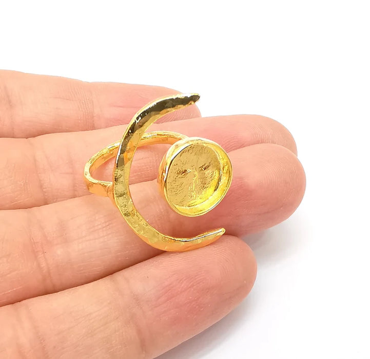 Gold Ring Crescent Setting, Moon Ring Blank, Resin Bezel, Celestial Ring Mounting, Epoxy Frame, Adjustable Antique Gold Plated 12mm G35588
