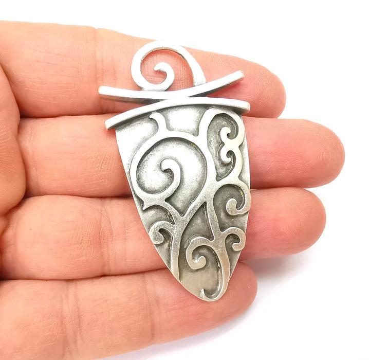 Silver Dangle Pendant, Rustic Pendant, Boho Charm, Earring Charm, Silver Pendant, Necklace Parts, Antique Silver Plated 62x35mm G35502