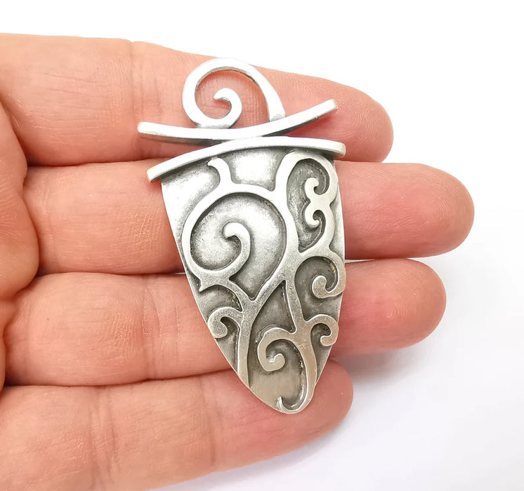 Silver Dangle Pendant, Rustic Pendant, Boho Charm, Earring Charm, Silver Pendant, Necklace Parts, Antique Silver Plated 62x35mm G35502