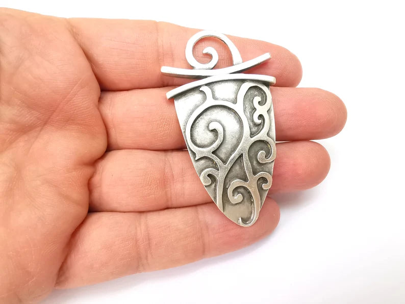 Silver Dangle Pendant, Rustic Pendant, Boho Charm, Earring Charm, Silver Pendant, Necklace Parts, Antique Silver Plated 62x35mm G35502