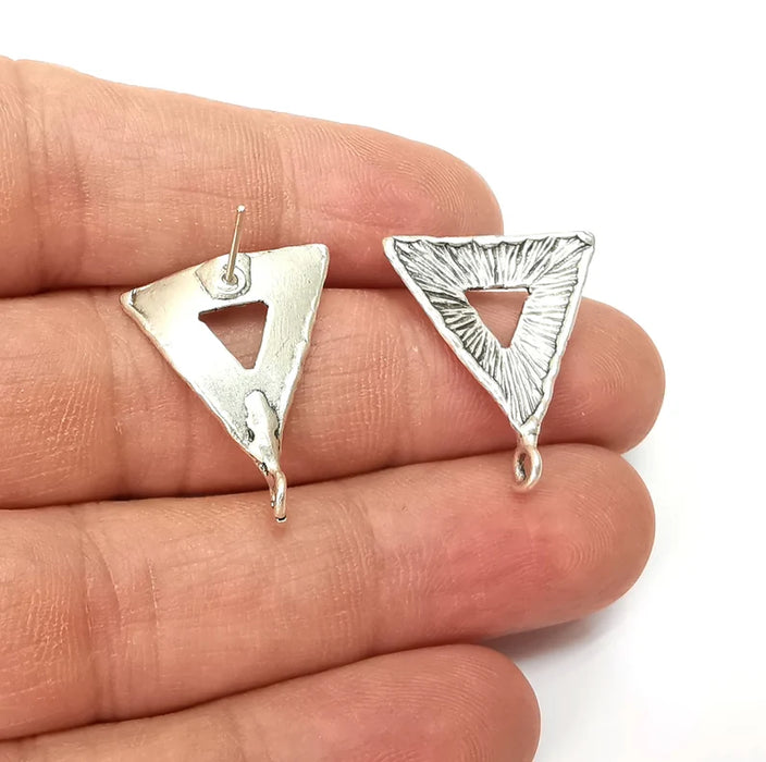 Triangle Earring Stud Base, Loop Earring Blank, Ear Settings Resin Bezel, Cabochon Mounting, Antique Silver Plated Brass (25x21mm ) G35519